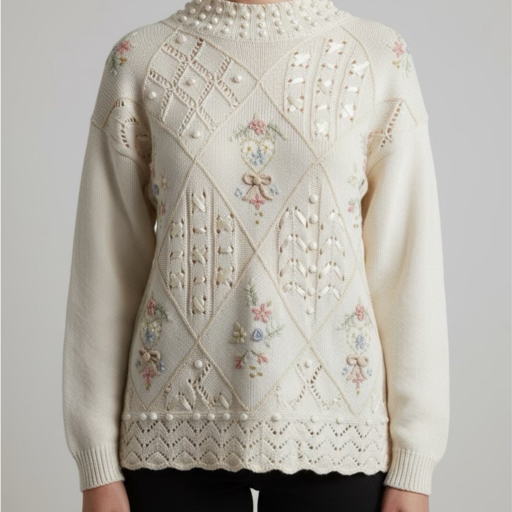 Vtg Beldoch Popper Cottagecore Sweater Women M Beige Floral Embroidered Boho‎